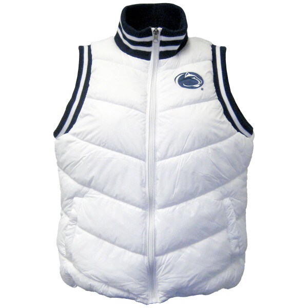 women's white puffer vest with Penn State Athletic Logo and striped neck and arm holes
